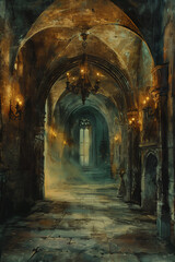 Fototapeta premium A long corridor in an old castle, lit by torches and chandeliers, a fantasy oil painting, dark and gloomy