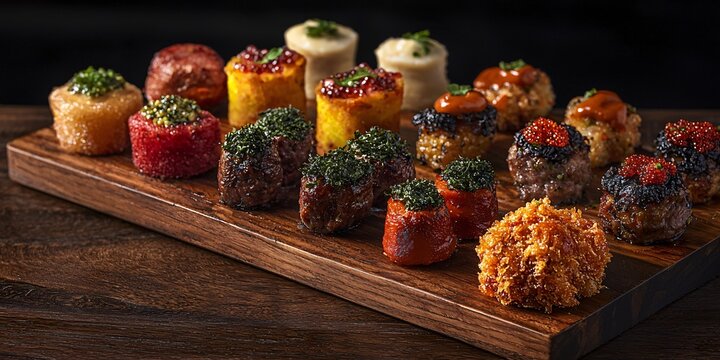 A high-angle view of small bites arranged artistically on a wooden board, with soft lighting emphasizing the details.