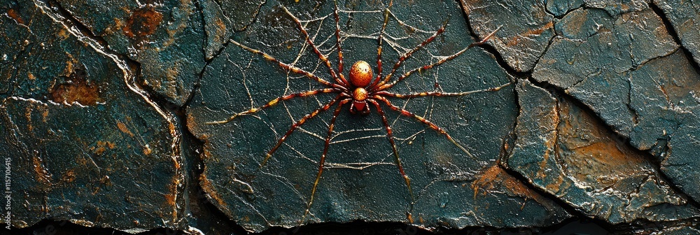 Poster a detailed close-up of a spider on a textured surface, showcasing its web and colors.
