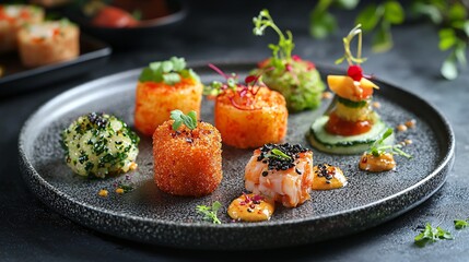 A professional shot of appetizers with a mix of textures and garnishes, plated elegantly on a matte ceramic plate.