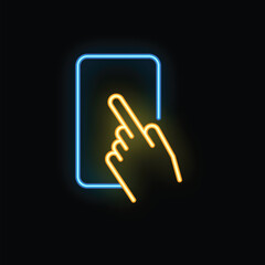 Glowing neon icon of a hand with a finger extended, pressing a button on a smartphone screen
