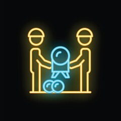 Neon signboard style icon of two construction workers carrying a total station with a prism, used in geodesy and surveying