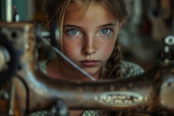 A young girl with blue eyes looks at the camera against the background of a sewing machine.
