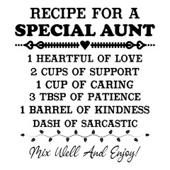 Recipe For A Special Aunt 1 Heartful Of Love 2 Cups Of Support 1 Cup Of Caring 3 Tbsp Of Patience 1 Barrel Of Kindness Dash Of Sarcastic Mix Well And Enjoy!