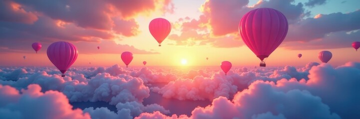 Obraz premium Sunrise panorama, vibrant pink & blue balloons ascending, happy, celebration