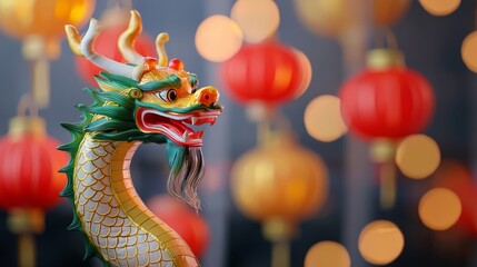 Fototapeta premium A dynamic Chinese New Year festival scene featuring a green dragon, captured closely.
