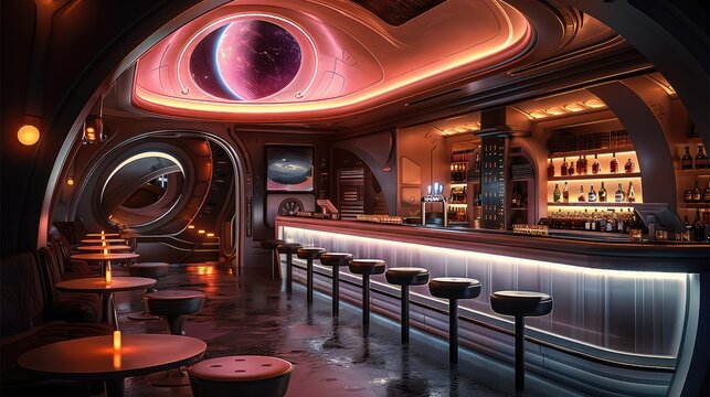 Interior design of a classy bar on a space station, sci fi, futuristic, 80's retro futurism, dark, lighting.
