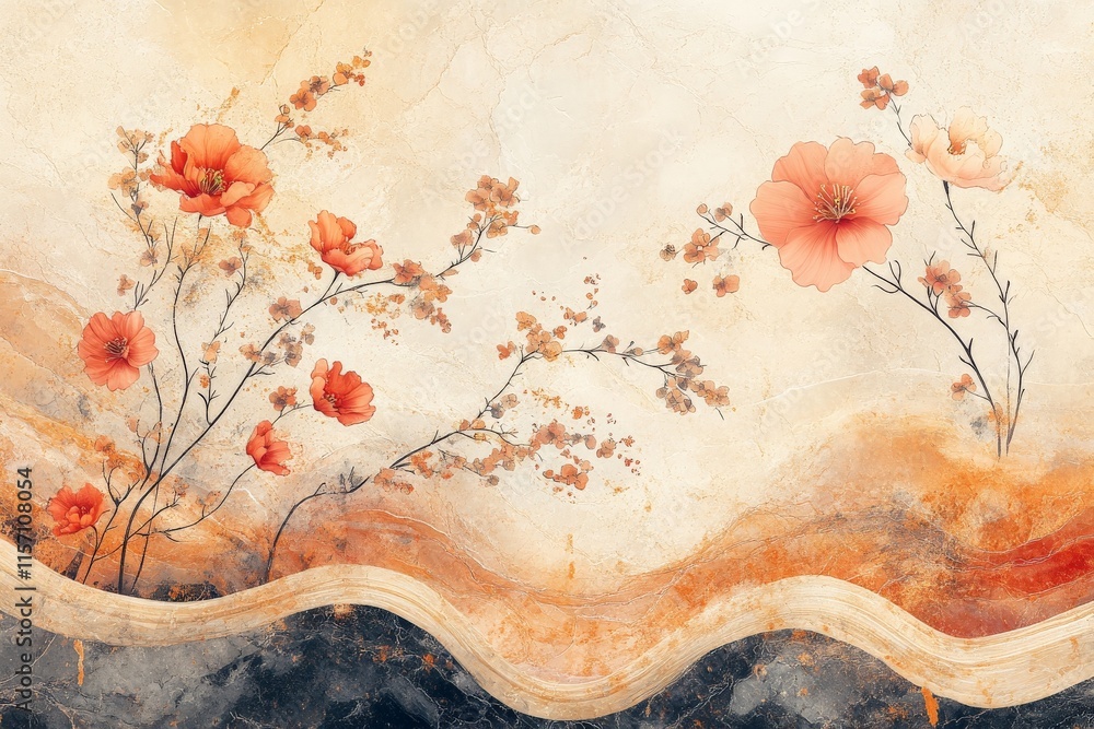 Poster a delicate artwork of warm-hued flowers blended into swirling abstract patterns, creating a sense of