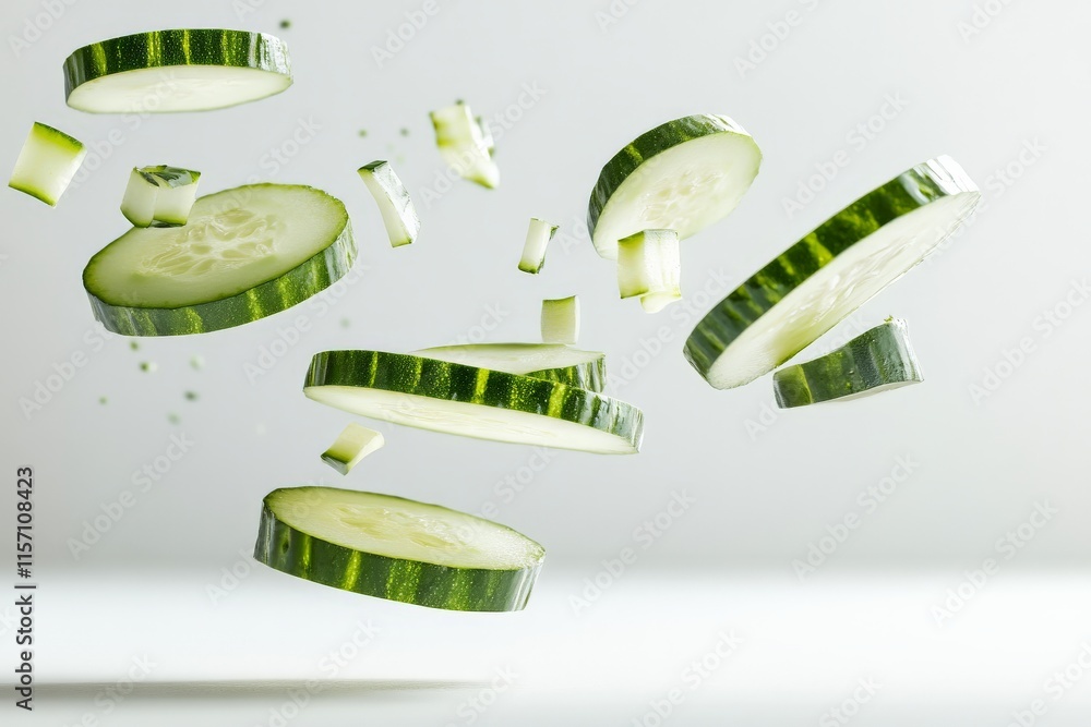 Aufkleber An artistic capture of cucumber slices floating dynamically in the air, showcasing their vivid green color and unique textures for a fresh and modern presentation.