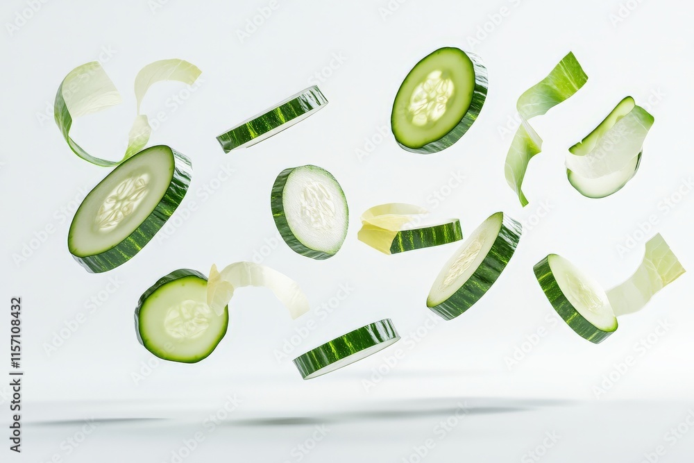Poster A visually engaging image of cucumber slices with spiral peels floating in the air, creating an artistic and dynamic sense of movement highlighted by bright lighting.