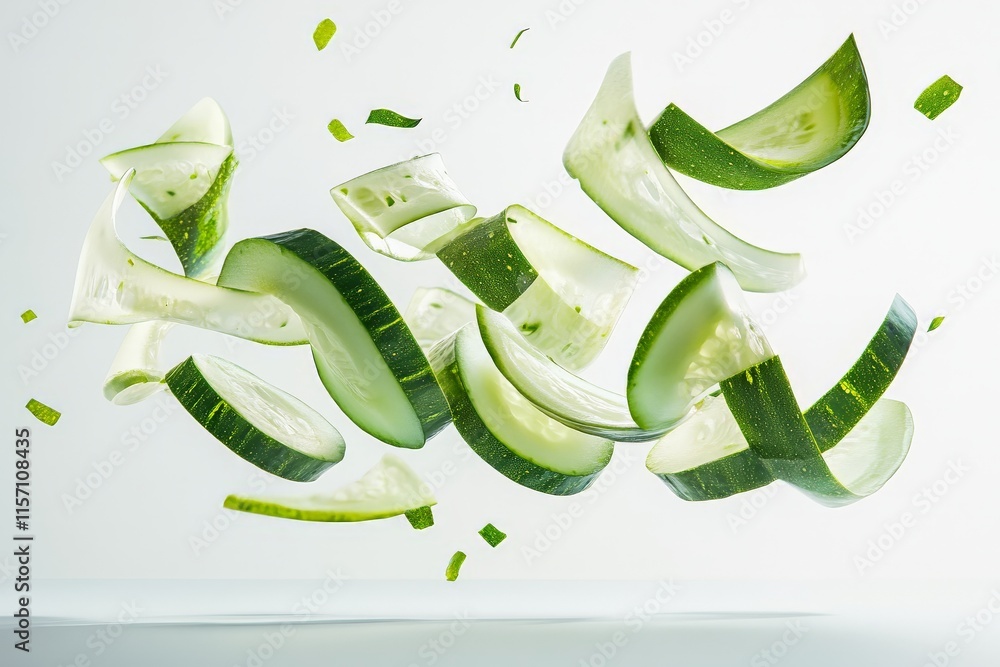 Fototapete cucumber chunks and slices are portrayed in mid-air, suspended in a moment of dynamic motion, highli