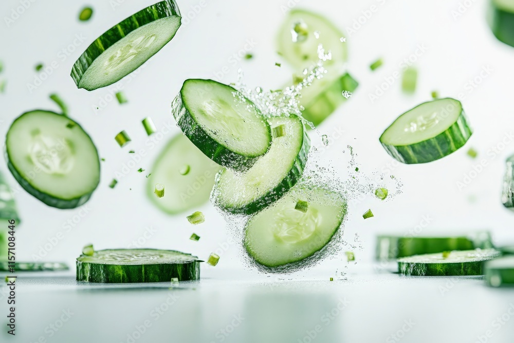 Poster The image captures cucumber slices in a vibrant splash, creating a dynamic composition that highlights the freshness and vitality of the cucumbers through motion.