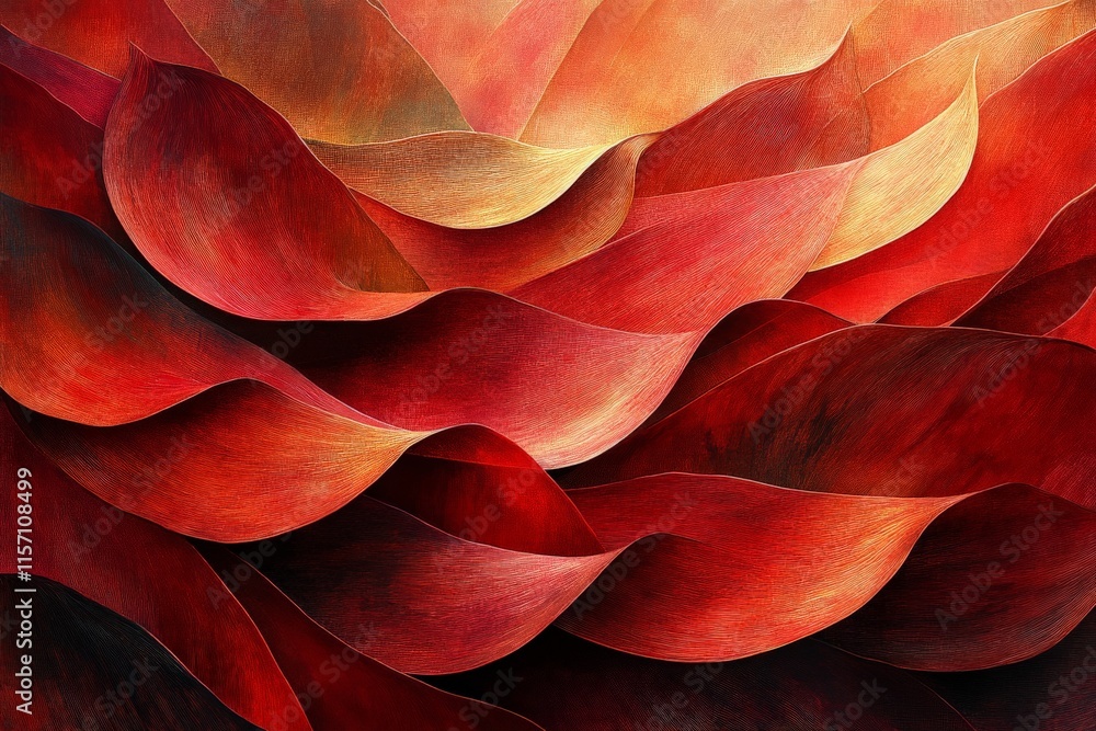Poster this artwork features an abstract depiction of red and gold waves, creating a dynamic and fiery land