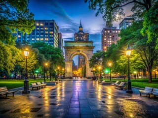 Washington Square Park Night Photography: Low Light Scene in Greenwich Village, NYC
