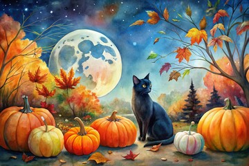 Watercolor Halloween Cat, Moon, Pumpkins Landscape