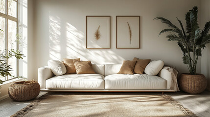 A minimalist interior living room featuring an empty wall mockup in a bright white room with a sleek white sofa, modern interior furniture.