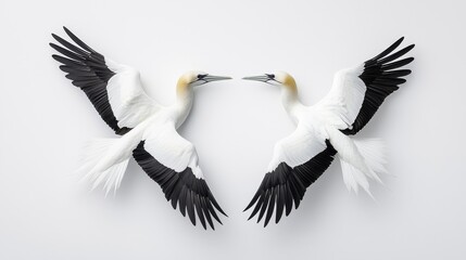 Naklejka premium A pair of blue-footed boobies perform a courtship dance on a rocky shore, perfect for wildlife documentaries, eco-tourism advertisements, conservation initiatives, educational resources, and
