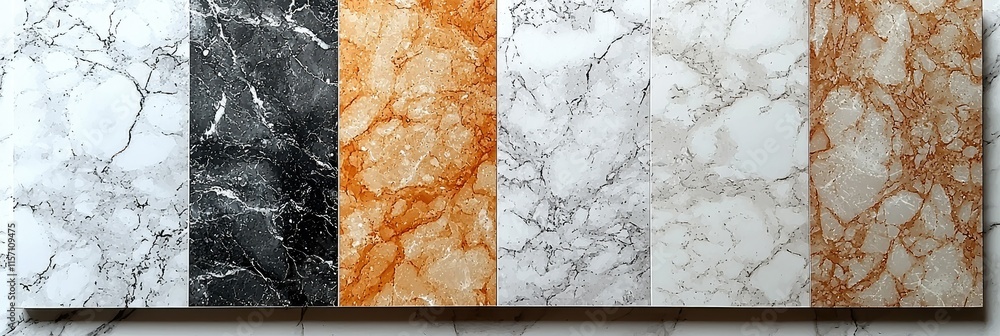 Poster a display of various marble tiles showcasing different colors and patterns.