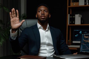 A Professional Man Signaling in a Contemporary Office Environment with Modern Elements and Setup