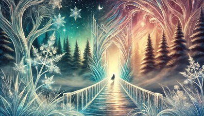 Fototapeta premium A Whimsical Ice Bridge Leading Through a Tranquil Winter Forest to a Radiant Magical Realm