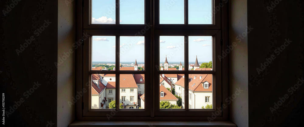 Poster a window with a view of a city. the window is open and the view is of a city with many buildings