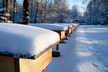 Naklejka premium A collection of snow-covered beehives gleams softly under the morning sun, evoking a sense of calm and warmth amidst the wintry landscape, highlighting nature's artistry and harmony.