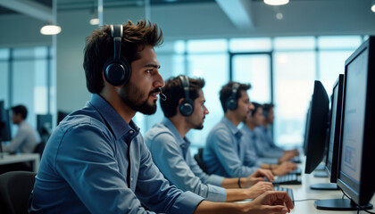 Indian call center employees working in a modern office. They wear headsets and are focused on computers. They appear to be providing support. It is likely a busy day at work.