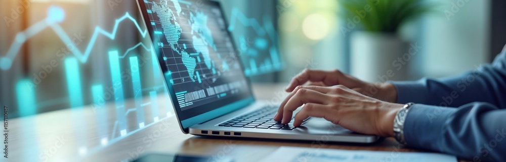 Poster Businessperson analyzing data on laptop. Person using laptop to explore trends, insights from big data. Data driven decisions propel analytic industries. Person working in office environment.