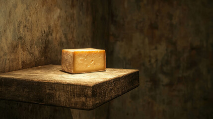 Solitary Cheese Block Resting on Rustic Wooden Shelf in Dimly Lit Room
