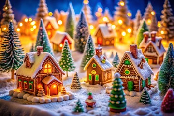 Naklejka premium Whimsical Gingerbread Village in a Miniature Winter Wonderland - Tilt-Shift Photography