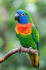 Fototapeta premium A near shot of a brilliant Rosella parrot, gracefully settled on a branch, displaying its striking pink, green, blue, and yellow plumage with a soft green background. Suitable for wildlife projects