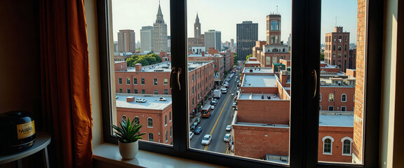 A city view from a window with tall buildings and a clear blue sky. The city is bustling with activity and the view is breathtaking