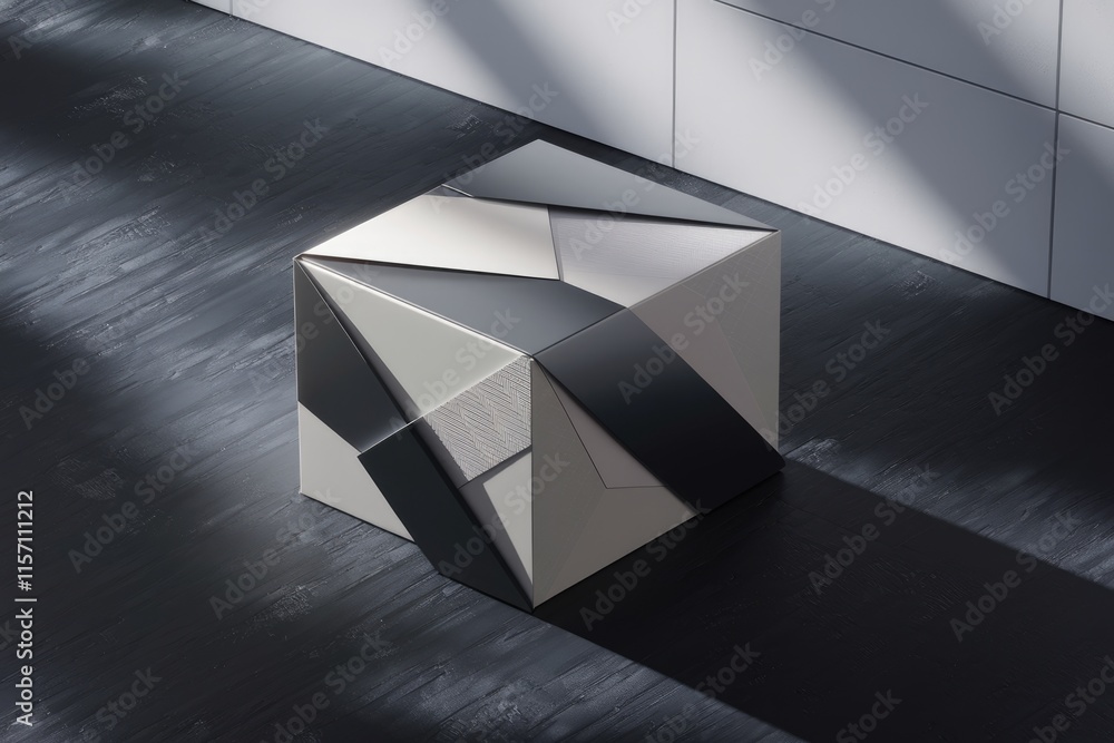Aufkleber abstract geometric cube with grayscale panels sits on dark floor, casting shadows.