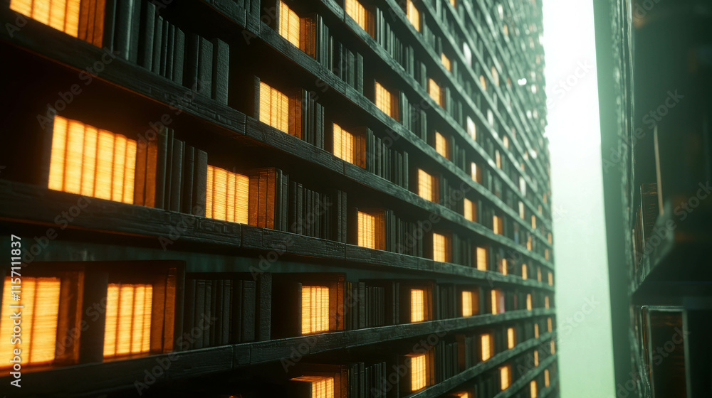 Aufkleber surreal floating library with massive bookshelves and glowing windows