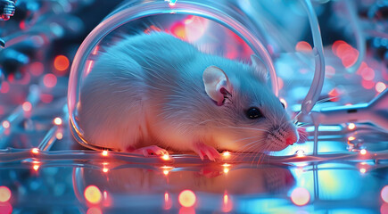 A serene lab rat resting inside a transparent pod, while sensors monitor its vitals.
