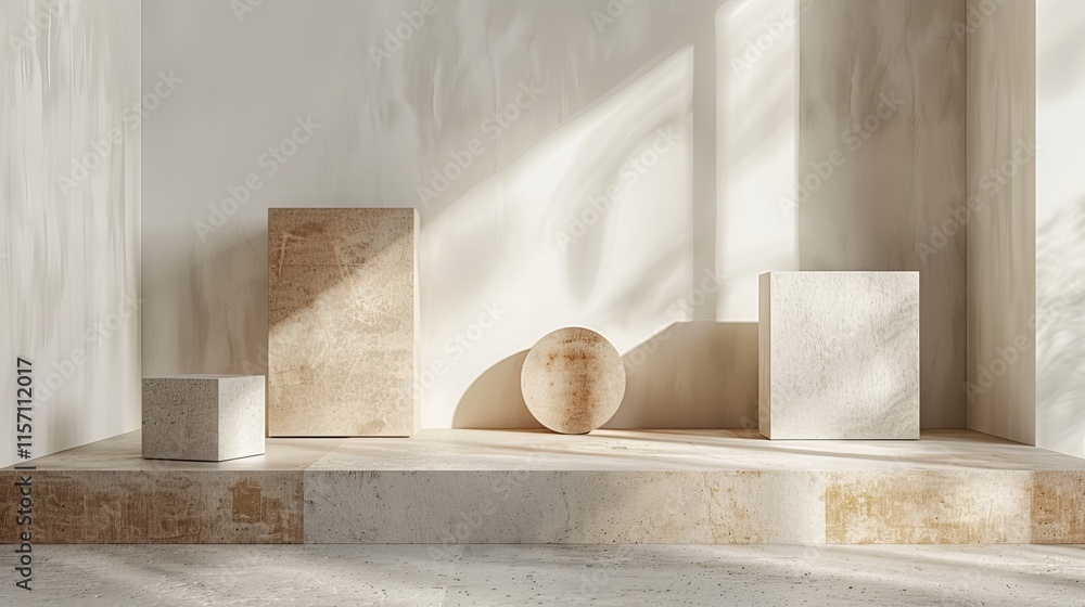 Poster a serene arrangement of geometric shapes on a textured surface with soft lighting.