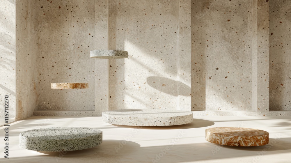 Poster a minimalist interior featuring floating circular platforms in a textured stone environment.