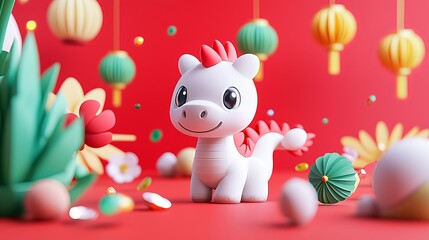 Naklejka premium The Chinese New Year parade features colorful dragon and lion dances, red envelopes, lanterns, and firecrackers.