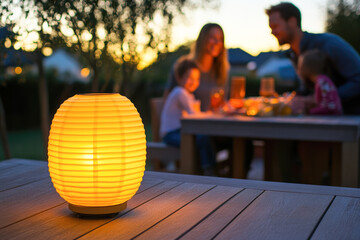 Warm evening family dinner outdoors with glowing lantern