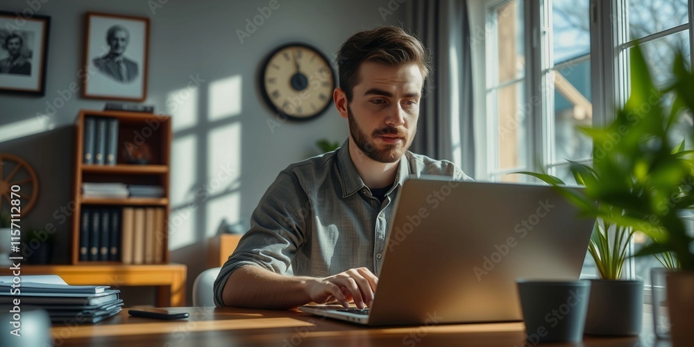 Poster a man is sitting at a desk with a laptop in front of him. he is typing on the laptop and looking at 
