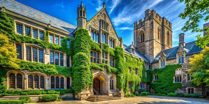 Yale University Gothic Architecture, Lush Greenery, Bright Blue Sky - Surreal Photography Stock Photo