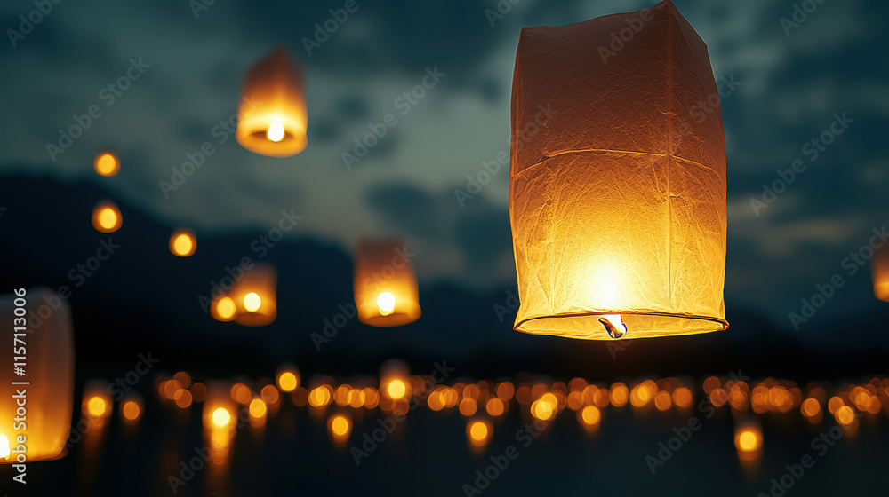 Poster captivating time lapse of floating lanterns creating light trails in the night sky