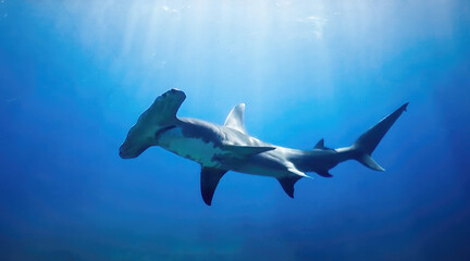 great hammerhead shark - Sphyrna mokarran - is found in tropical and warm temperate waters worldwide. Swimming in blue water hammer cephalofoil which is wide with an almost straight front margin