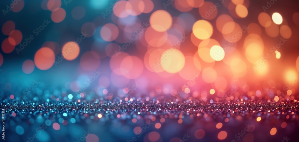 Poster Multicolored bokeh effect background with glittering sparkle. Vibrant blend of lights creates festive atmosphere. Ideal for celebration. Suitable for invitations greeting cards beauty ads fashion