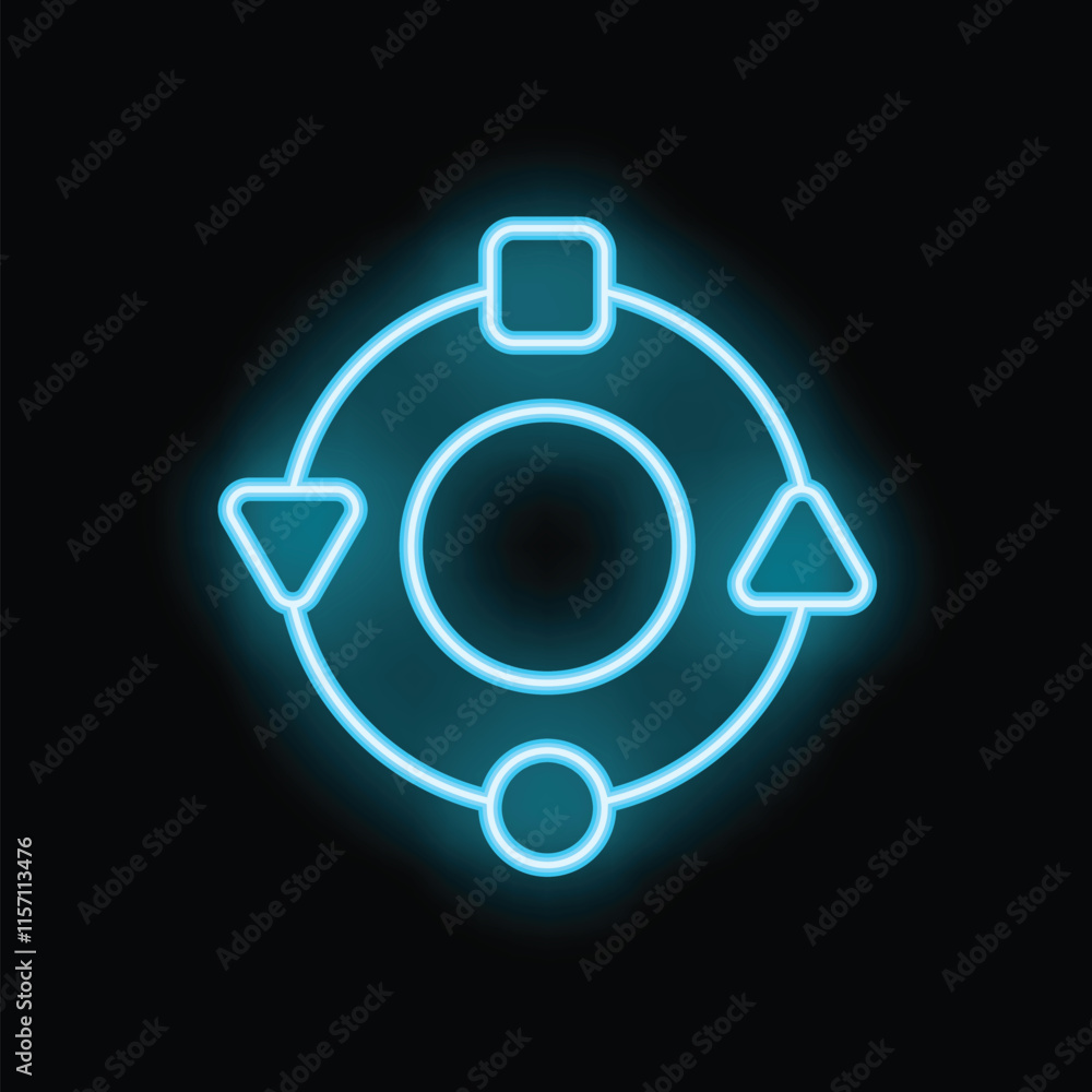 Poster glowing neon blue circular workflow diagram with arrows and shapes on a black background