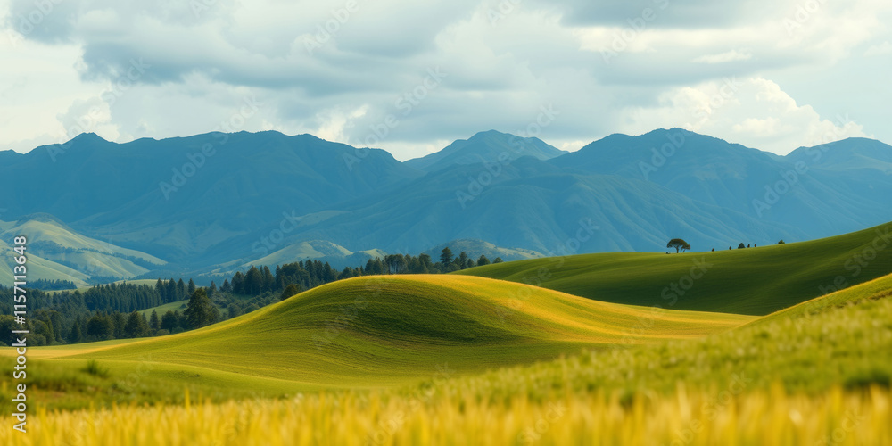 Poster a beautiful mountain range with a large tree in the middle of a field. the sky is cloudy and the mou
