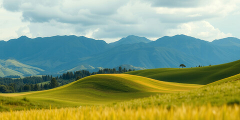 Fototapeta premium A beautiful mountain range with a large tree in the middle of a field. The sky is cloudy and the mountains are in the background