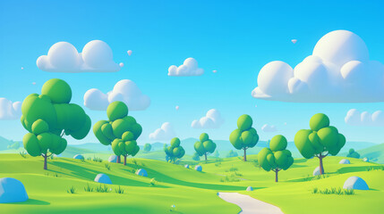 Naklejka premium 3D cartoon landscape with simple green trees and clouds, bright colors, and a soft pastel color palette., 