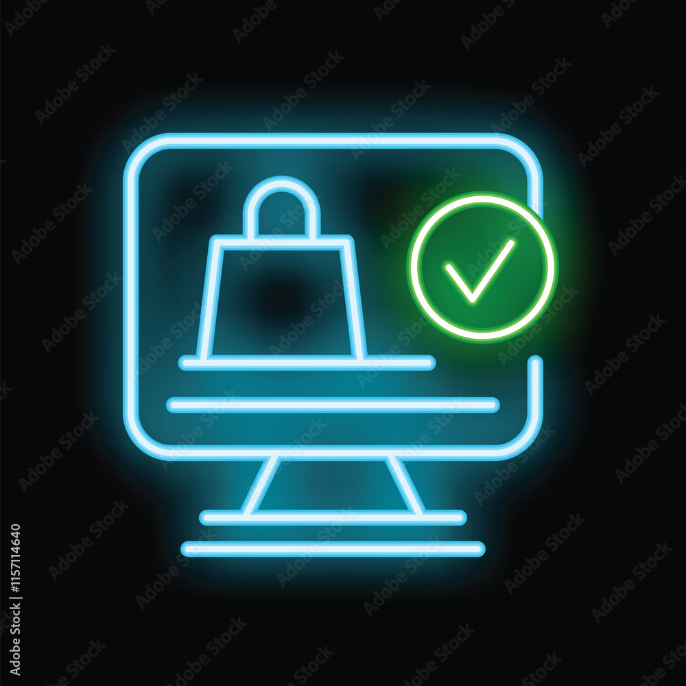 Poster neon icon of a computer screen showing a shopping bag and a green tick indicating a successful onlin