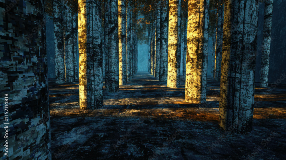 Poster twisted forest with metallic trees illuminated by ethereal light